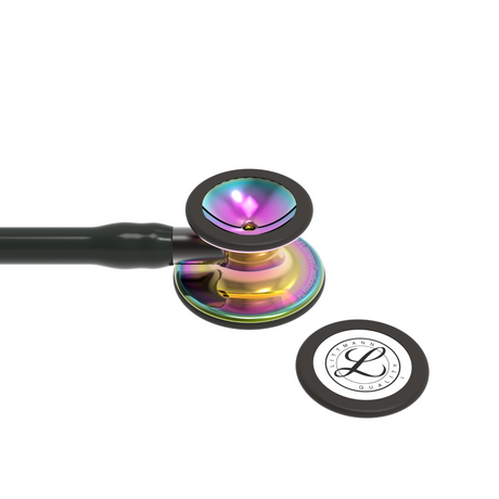 Littmann Cardiology IV Stethoscope – Black, Smoke Stem, Rainbow, High Polish – chestpiece close-up.