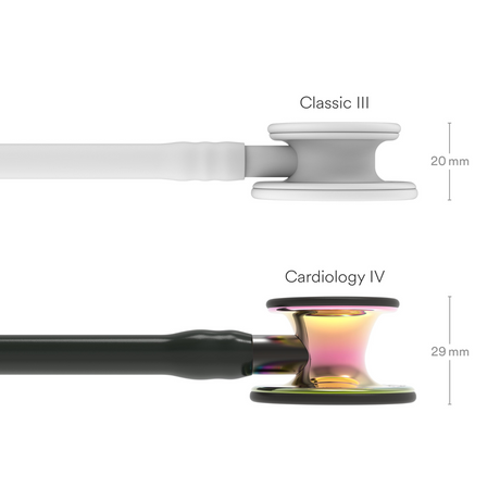 Littmann Cardiology IV Stethoscope – Black, Smoke Stem, Rainbow, High Polish – size diagram.